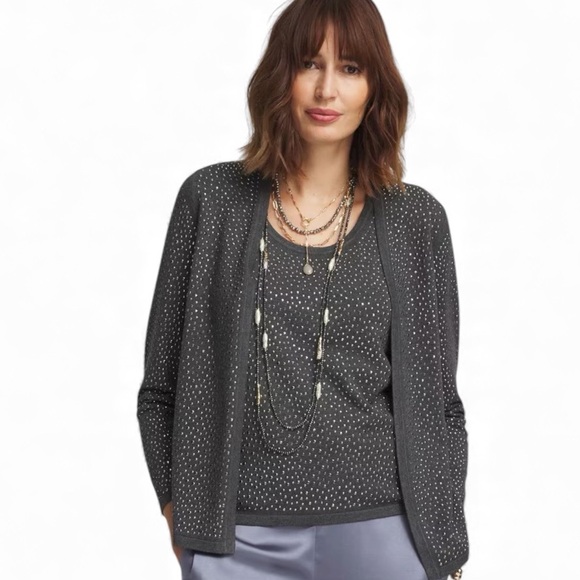 Chico’s embellished gray cardigan and matching shell set size large
